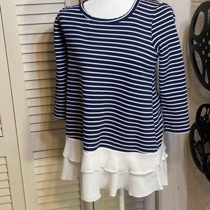 TWENTY SECOND S blue and white stripe blouse with fluttter hem